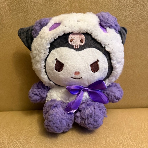 Sanrio Other - Sanrio Kuromi Plush Purple White Sherpa Fuzzy Hood Skull Satin Bow 7 Inch